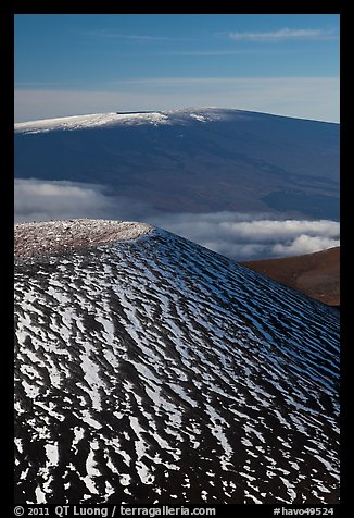 Snowy cinder cone and Mauna Loa summit. Hawaii Volcanoes National Park (color)