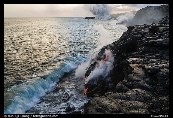 Coastline with lava entering ocean. Hawaii Volcanoes National Park, Hawaii, USA.