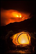 Camping by lava flow next to ocean. Hawaii Volcanoes National Park, Hawaii, USA.