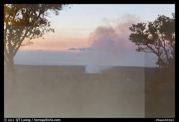 Halemaumau plume, Volcano House window reflexion. Hawaii Volcanoes National Park (color)