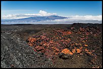 Vein of red and orange lava on Mauna Loa, Mauna Kea in background. Hawaii Volcanoes National Park, Hawaii, USA. (color)