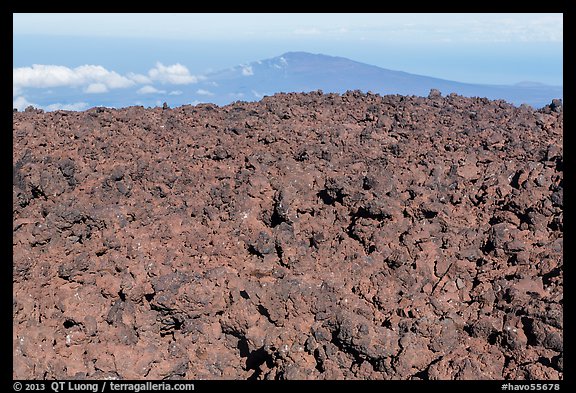 Aa lava field on Mauna Loa and Puu Waawaa summit. Hawaii Volcanoes National Park, Hawaii, USA.