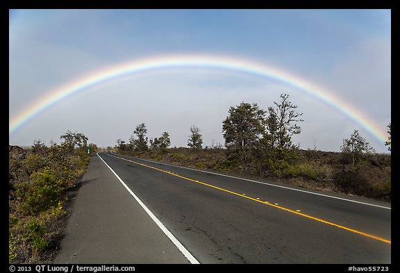 Rainbow over highway. Hawaii Volcanoes National Park, Hawaii, USA.