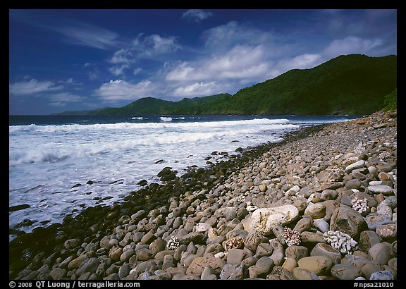 Beached coral heads and Vatia Bay, mid-day, Tutuila Island. National Park of American Samoa