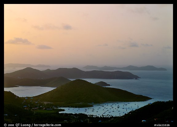 Hills, harbor and boats at sunrise, Coral bay. Virgin Islands National Park, US Virgin Islands.