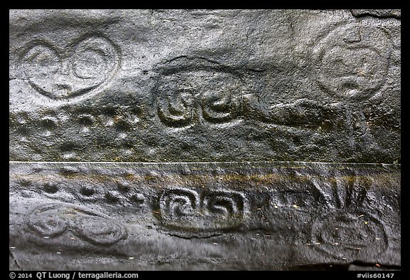 Taino petroglyph carvings reflected in pond. Virgin Islands National Park, US Virgin Islands.