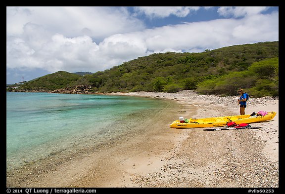 Kayaker on beach, Hassel Island. Virgin Islands National Park (color)