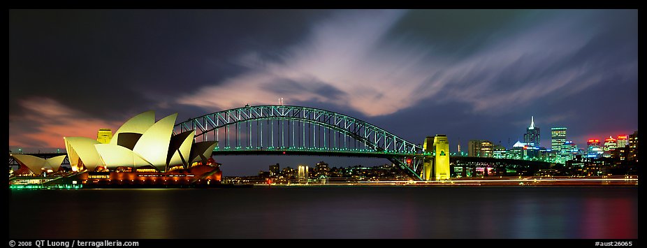 Sydney night view of opera house and Harbor Bridge. Sydney, New South Wales, Australia (color)