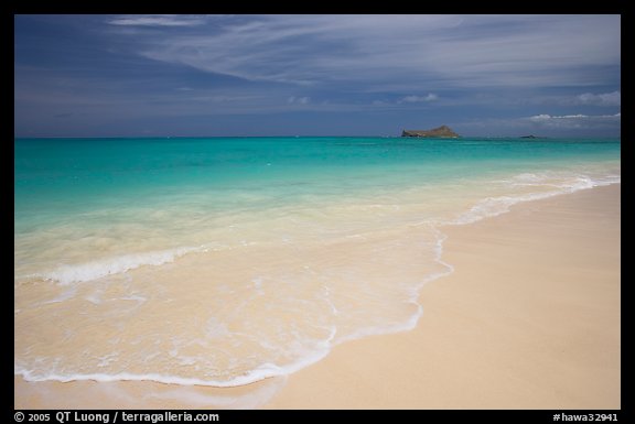 Waimanalo Beach and ocean with turquoise waters and off-shore island. Oahu island, Hawaii, USA (color)