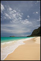 Sand, turquoise waters, and cliff, Waimanalo Beach. Oahu island, Hawaii, USA