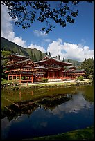 Byodo-In temple reflected in pond, Valley of the Temples, morning. Oahu island, Hawaii, USA
