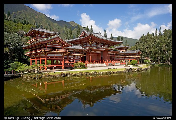 Byodo-In temple reflected in pond, morning. Oahu island, Hawaii, USA (color)