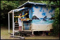 Man shopping at decorated fruit stand. Oahu island, Hawaii, USA