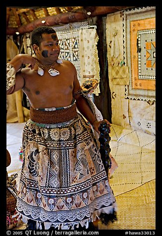 Fiji tribal chief inside vale levu house. Polynesian Cultural Center, Oahu island, Hawaii, USA