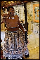 Fiji tribal chief inside vale levu house. Polynesian Cultural Center, Oahu island, Hawaii, USA (color)