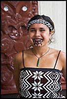 Maori woman with facial tatoo. Polynesian Cultural Center, Oahu island, Hawaii, USA (color)
