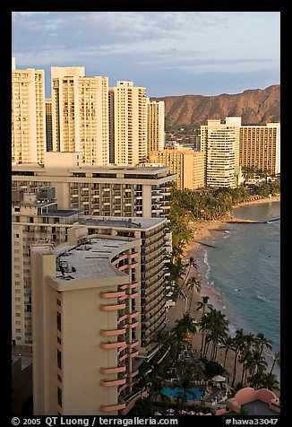 High rise hotels and beach seen from the Sheraton glass elevator, late afternoon. Waikiki, Honolulu, Oahu island, Hawaii, USA