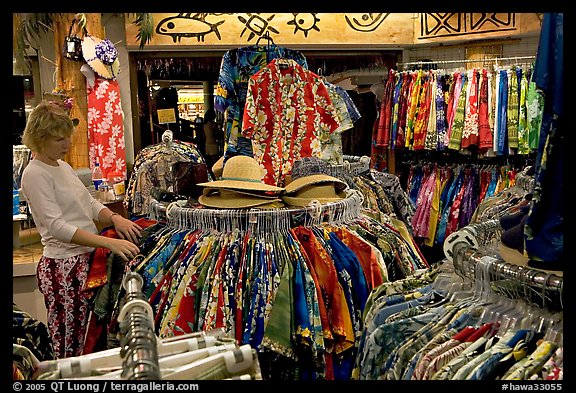 Woman shopping hawaiian dresses. Waikiki, Honolulu, Oahu island, Hawaii, USA (color)