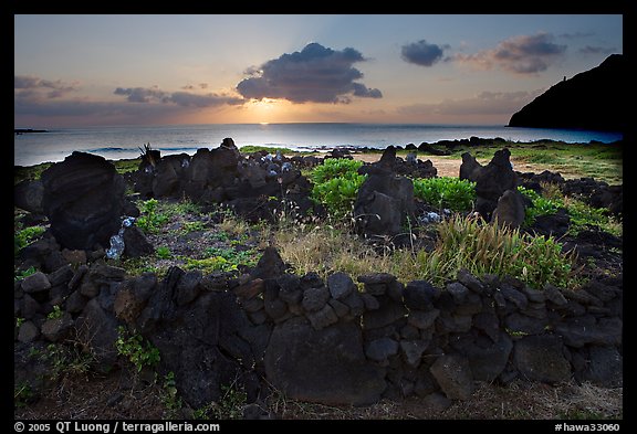 Heiau at sunrise near Makapuu Beach. Oahu island, Hawaii, USA