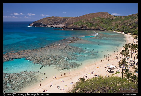 Hanauma Bay and beach with people. Oahu island, Hawaii, USA