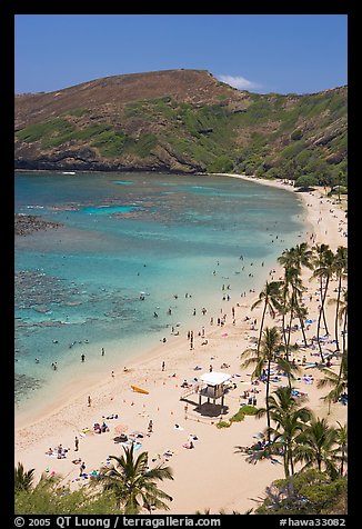 Hanauma Bay beach with people. Oahu island, Hawaii, USA