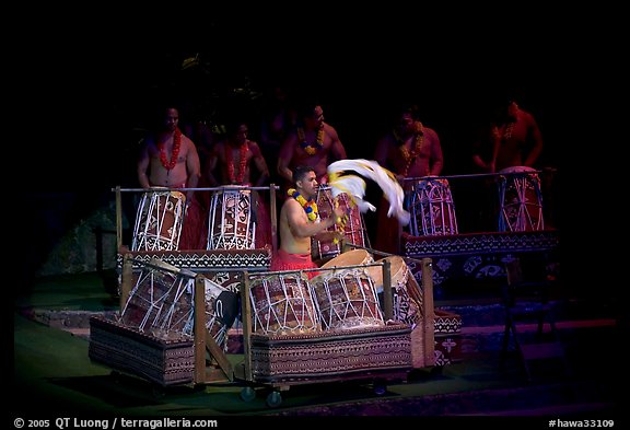 Tonga drummers on stage. Polynesian Cultural Center, Oahu island, Hawaii, USA (color)
