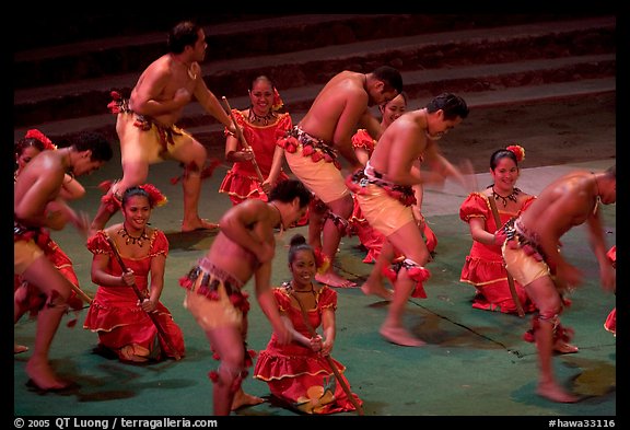Dance performed by Samoa islanders. Polynesian Cultural Center, Oahu island, Hawaii, USA (color)