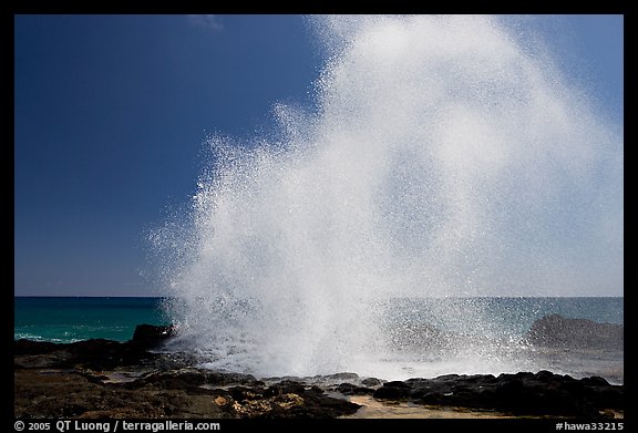 Stream of water shooting up from Spouting Horn. Kauai island, Hawaii, USA (color)