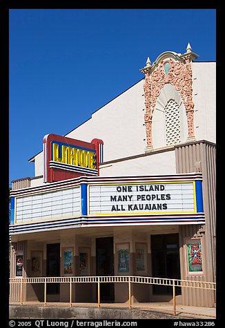 Movie theater with text celebrating Kauai, Lihue. Kauai island, Hawaii, USA