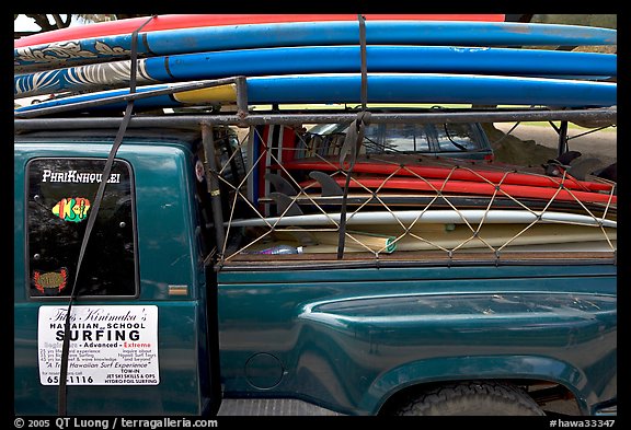 Pick-up truck loaded with surfboards, Hanalei. Kauai island, Hawaii, USA