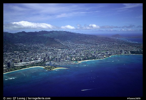 Aerial view of city and bay. Honolulu, Oahu island, Hawaii, USA (color)