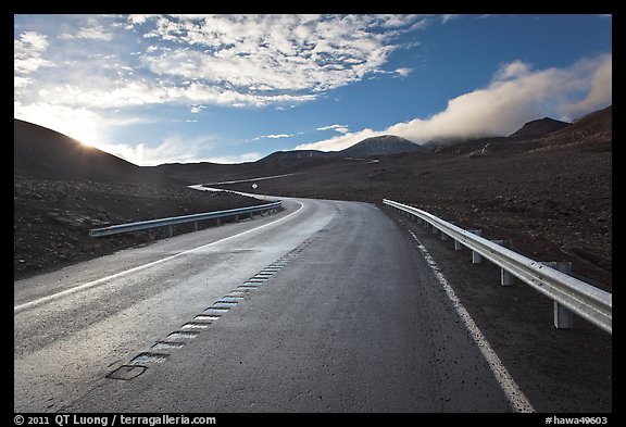 Road and cinder cones. Mauna Kea, Big Island, Hawaii, USA