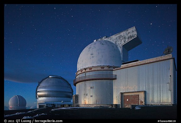 Telescopes and stars at nightfall. Mauna Kea, Big Island, Hawaii, USA