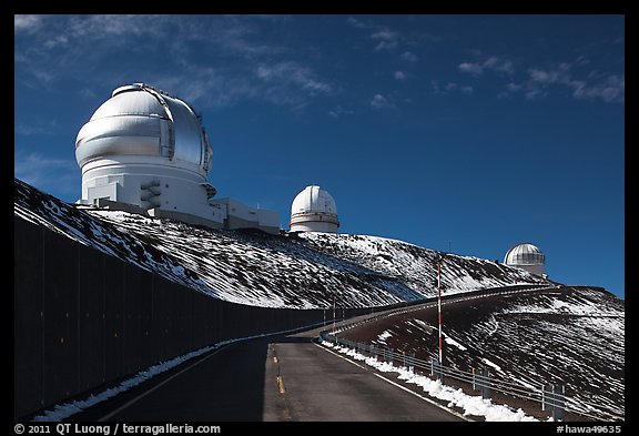 Observatories and recent snow. Mauna Kea, Big Island, Hawaii, USA