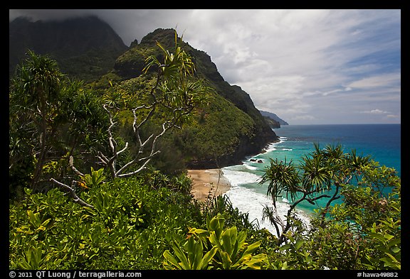 Hanakapiai Beach and cliffs from above. Kauai island, Hawaii, USA (color)