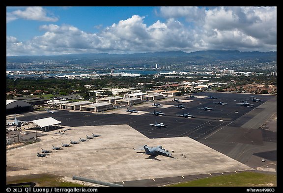 Aerial view of Hickam Air Force Base. Honolulu, Oahu island, Hawaii, USA