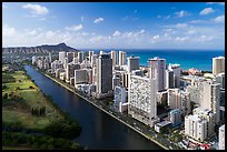 Aerial view of Ala Wai Canal, downtown Waikiki, and Waikiki Bay. Honolulu, Oahu island, Hawaii, USA ( color)