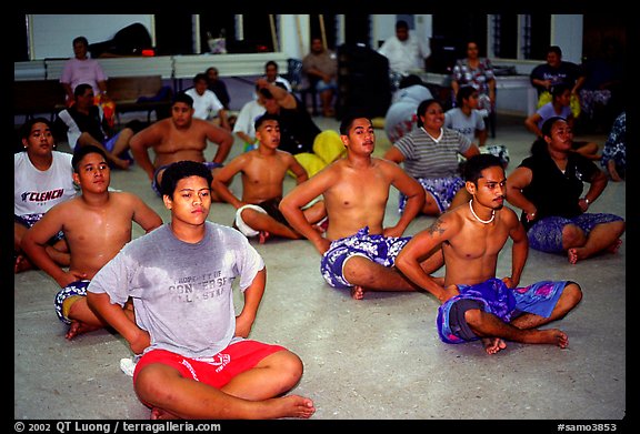 Villagers getting ready for traditional dance, Aua. Tutuila, American Samoa