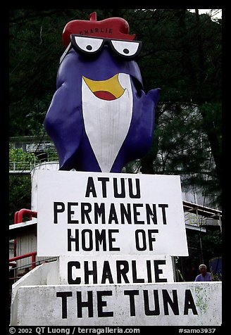Statue of Charlie the Tuna. One third of the islanders work in tuna can factories.. Pago Pago, Tutuila, American Samoa