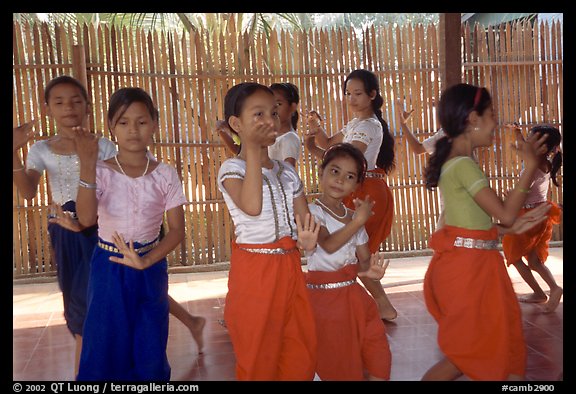 Girls learn traditional dancing at  Apsara Arts  school. Phnom Penh, Cambodia (color)