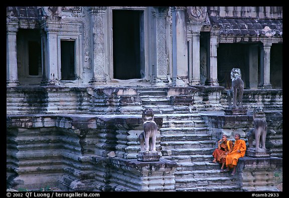 Buddhist monks on stairs, Angkor Wat. Angkor, Cambodia