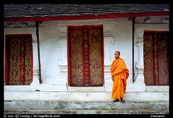 Novice Buddhist monk at Wat Pakkhan. Luang Prabang, Laos (color)