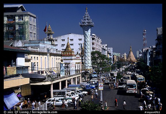 Mahabandoola Lan and the Sule Paya. Yangon, Myanmar (color)