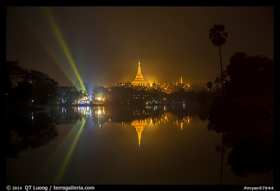 Kandawkyi Lake and 2014 new year lasers. Yangon, Myanmar (color)