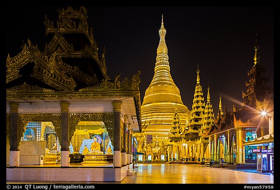 Saw Lapaw Pagoda, Sandawdwin Pagoda, and Main Chedi at night, Shwedagon Pagoda. Yangon, Myanmar (color)
