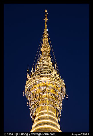 Hti of the Shwedagon Pagoda, adorned with thousands of gems and golden bells. Yangon, Myanmar