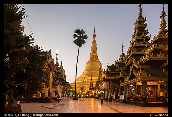 Buddha Footprint Hall and main stupa at dawn, Shwedagon Pagoda. Yangon, Myanmar