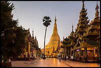 Buddha Footprint Hall and main stupa at dawn, Shwedagon Pagoda. Yangon, Myanmar