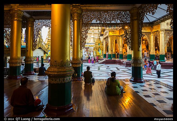 Platform seen from prayer hall, Shwedagon Pagoda. Yangon, Myanmar (color)