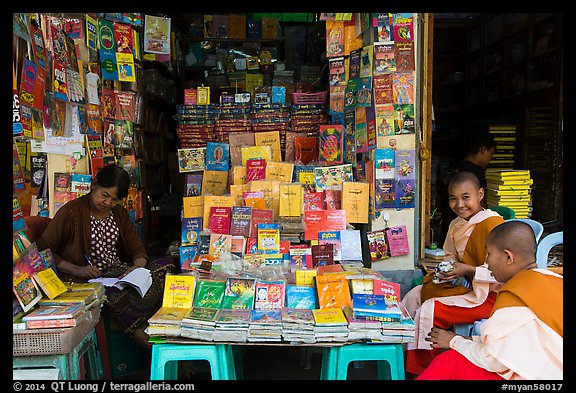 Nuns at bookstore, Shwedagon Pagoda. Yangon, Myanmar (color)